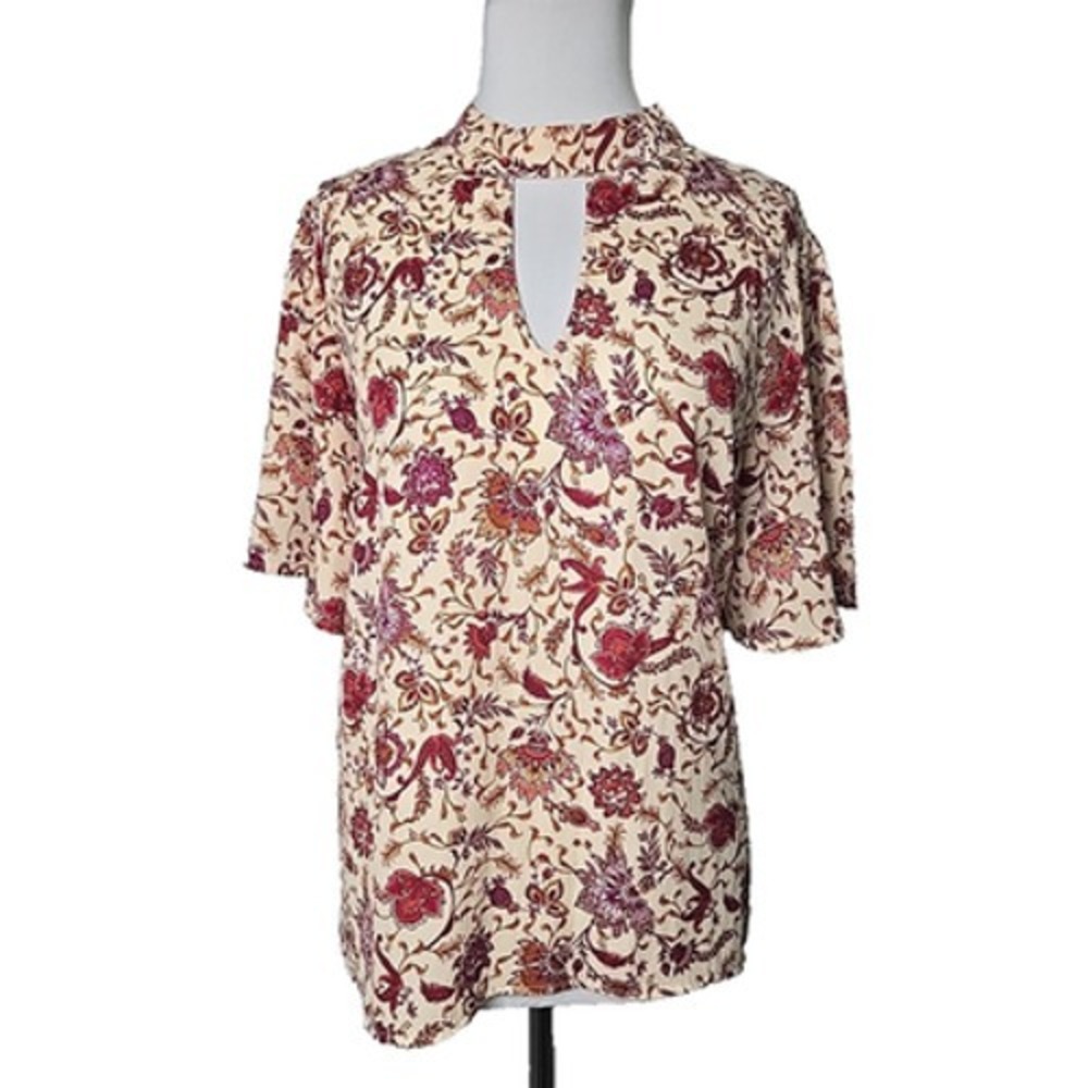 Womens‎ Size XL Floral Chiffon High Neck Keyhole Top